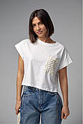 Укорочена футболка з ажурною кишенею — молочний колір, S (є розміри)