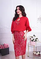 Гипюровое платье миди с подкладом и съемной шифоновой накидкой Красный, 50-52
