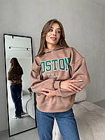 Трендовый бежевый женский свитшот оверсайз с надписью на флисе, утепленный худи для девушек на каждый день