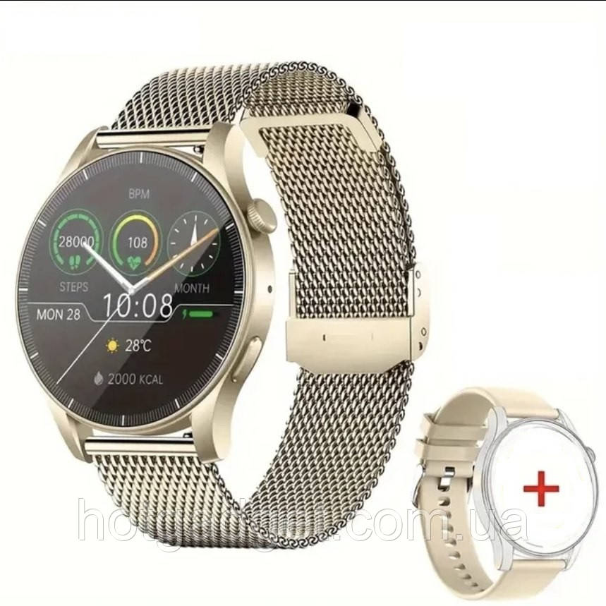 Смарт-годинник жіночий LEMFO KC88 Gold (тонометр, пульсоксиметр, дзвінки) Amoled екран 2 ремешка
