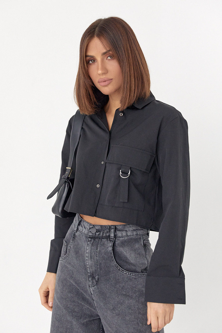 Укорочена жіноча сорочка з накладною кишенею — чорний колір, L (є розміри)