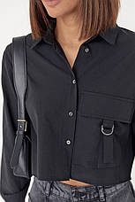Укорочена жіноча сорочка з накладною кишенею — чорний колір, L (є розміри), фото 2