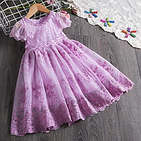 Детское нарядное платье с кружевом на девочку с длинным рукавом лавандовое