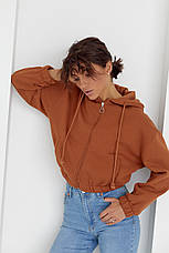 Укорочене жіноче худі на блискавці — коричневий колір, L (є розміри), фото 3