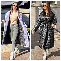 Женское зимнее стёганое длинное пальто на запах с поясом силикон 200 норма и полубатал