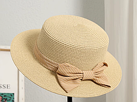 Солом'яний капелюх канотьє бежевий з бежевим бантом на обхват голови 55-58 см
