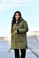 Женская куртка парка средней длины с капюшоном демисезонная Хаки, 52-54