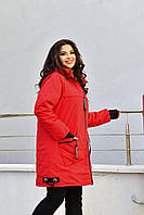 Женская куртка парка средней длины с капюшоном демисезонная Красный, 56-58