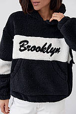 Жіноче худі з екохутра з написом Brooklyn — чорний колір, L (є розміри), фото 2