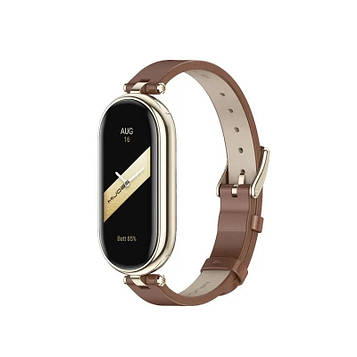 Шкіряний ремінець для фітнес браслета Xiaomi Mi Band 5 и 6 Type A коричневий, тримач - золотистий