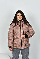 Женская весенняя куртка стежка на молнии с карманами коротка с капюшоном Бежевый, 52-54