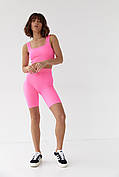 Жіночий еластичний костюм із велосипедками та топом — рожевий колір, M (є розміри)