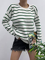 Весенний трикотажный женский полосатый свитер оверсайз, молодежная теплая объемная кофта цвета в ассортименте Белый в зеленую полоску