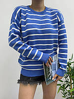 Трендовый теплый свободный вязаный женский свитер в полоску, модный трикотажный джемпер на каждый день Синий