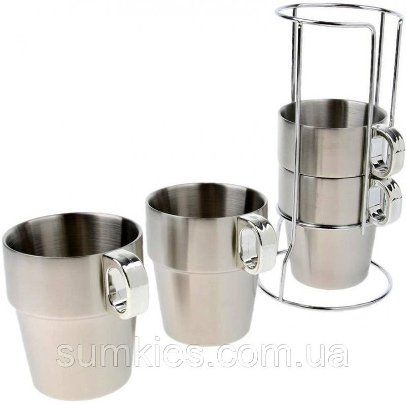 Кухлі-чашки металеві (4 штуки) на сталевій підставці 4х300 мл Kamille (2000002653615)