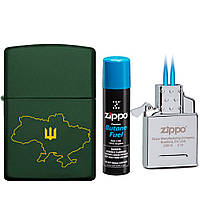 Комплект Zippo Зажигалка Regular Green Matte 221 Ukraine + Газовый инсерт к зажигалкам + Газ для зажигалок