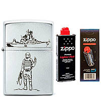 Комплект Zippo Зажигалка 205-RVK CLASSIC satin chrome + Бензин + Кремни в подарок