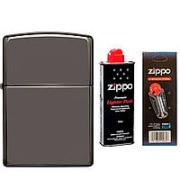 Комплект Zippo Зажигалка 150 CLASSIC BLACK ICE + Бензин + Кремни в подарок