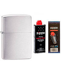 Комплект Zippo Зажигалка 200 CLASSIC brushed chrome + Бензин + Кремни в подарок