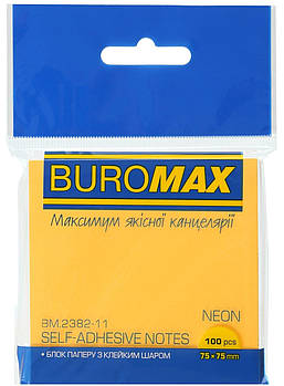 Блок для нотаток Buromax NEON 75х75 мм 100 аркушів 75 г/м² помаранчевий BM.2382-11