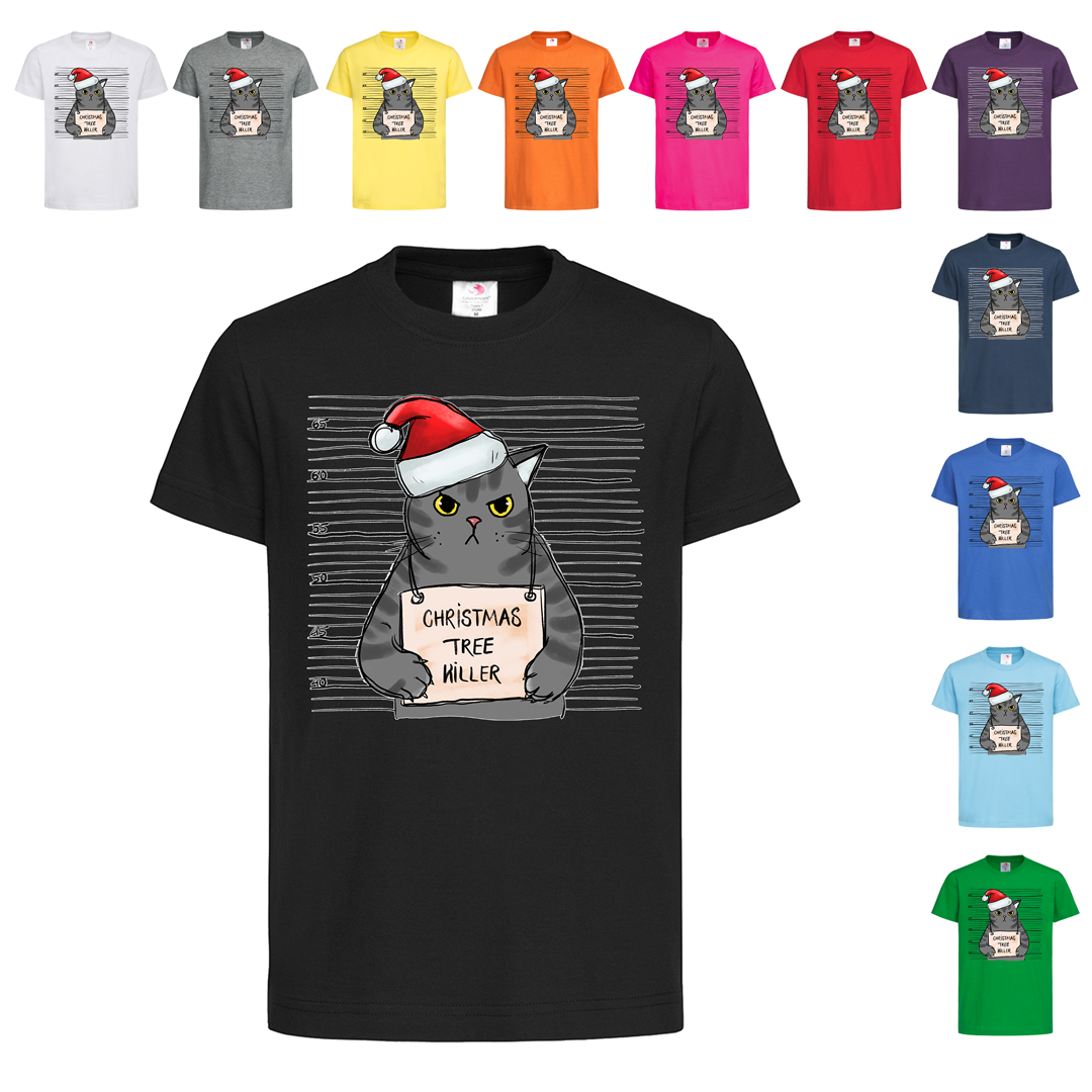 Чорна дитяча футболка З новорічним котом (23-2-14)