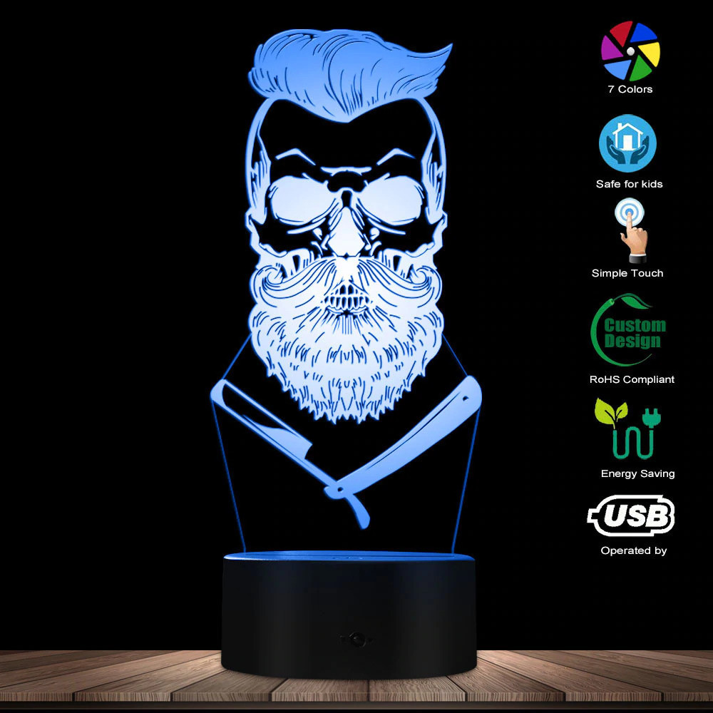 3D светодиодный светильник Barber Skull. LED светильник для барбершопа, 7 цветов High Quality - фото 2 - id-p2152185435