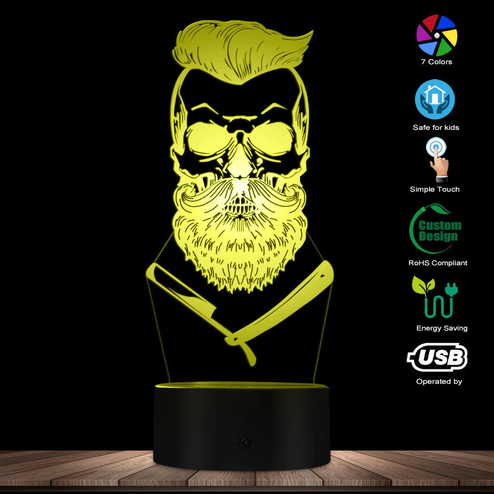 3D светодиодный светильник Barber Skull. LED светильник для барбершопа, 7 цветов High Quality - фото 3 - id-p2152185435