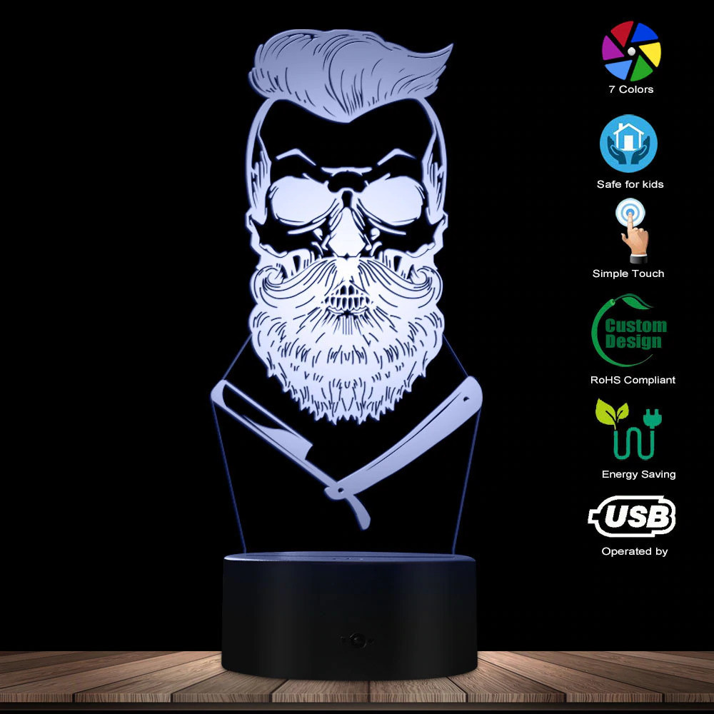 3D светодиодный светильник Barber Skull. LED светильник для барбершопа, 7 цветов High Quality - фото 4 - id-p2152185435