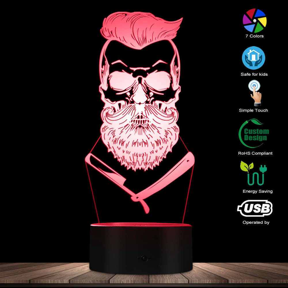 3D светодиодный светильник Barber Skull. LED светильник для барбершопа, 7 цветов High Quality - фото 5 - id-p2152185435