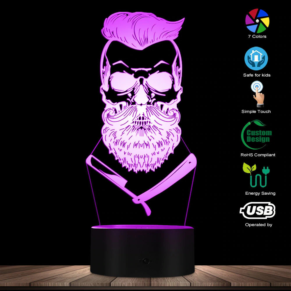 3D светодиодный светильник Barber Skull. LED светильник для барбершопа, 7 цветов High Quality - фото 6 - id-p2152185435
