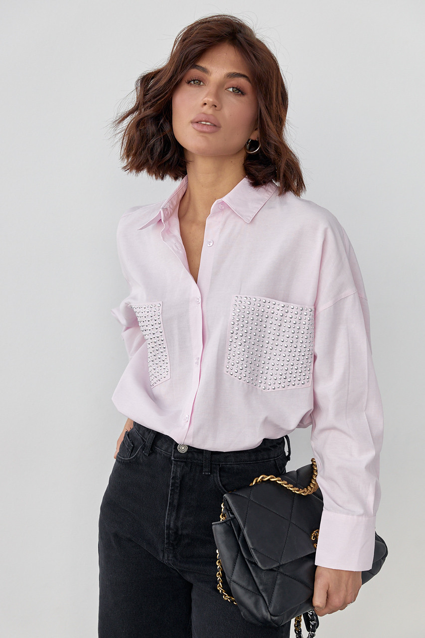 Жіноча сорочка з термостразами на кишенях — рожевий колір, M (є розміри)