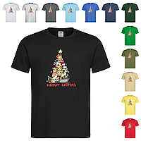 Черная мужская/унисекс футболка Новогодняя елка с котов (23-2-16)