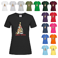 Черная женская футболка Новогодняя елка с котов (23-2-16)