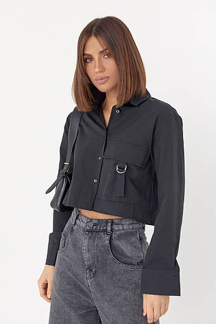 Укорочена жіноча сорочка з накладною кишенею — чорний колір, S (є розміри), фото 2