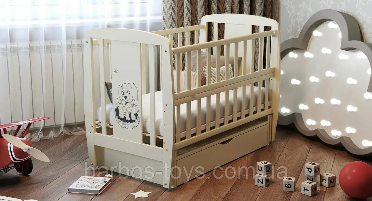 Дитяче ліжечко для новонароджених Песик з маятником відкидною боковиною та шухлядою бук ліжко для немовлят