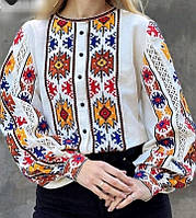 Женская вышитая рубашка, блуза белого цвета с яркой вышивкой, украшена кружевом размеры S, M, L