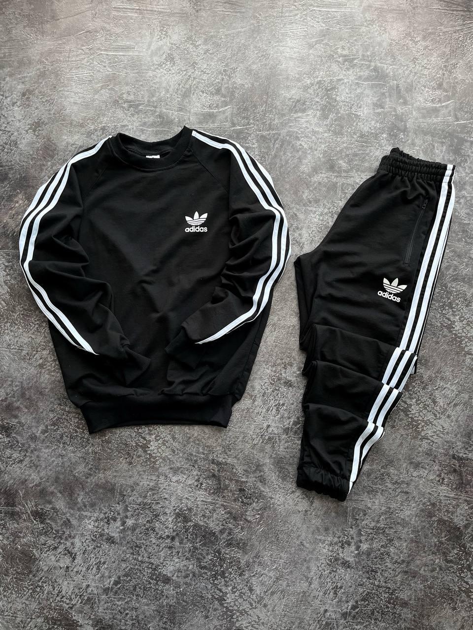 Чоловічий спортивний костюм Adidas Світшот + Штани чорний без капюшона Комплект Адідас весняний осінній