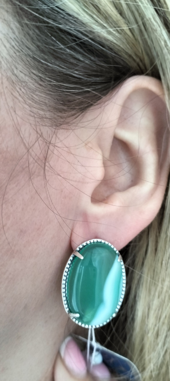 Срібні сережки  з зеленим агатом, фото 1