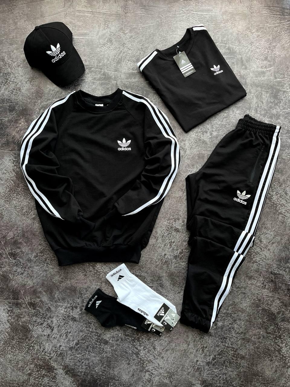 Чоловічий костюм Adidas 4в1 Світшот + Штани + Футболка + Кепка + Шкарпетки чорний Адідас весняний