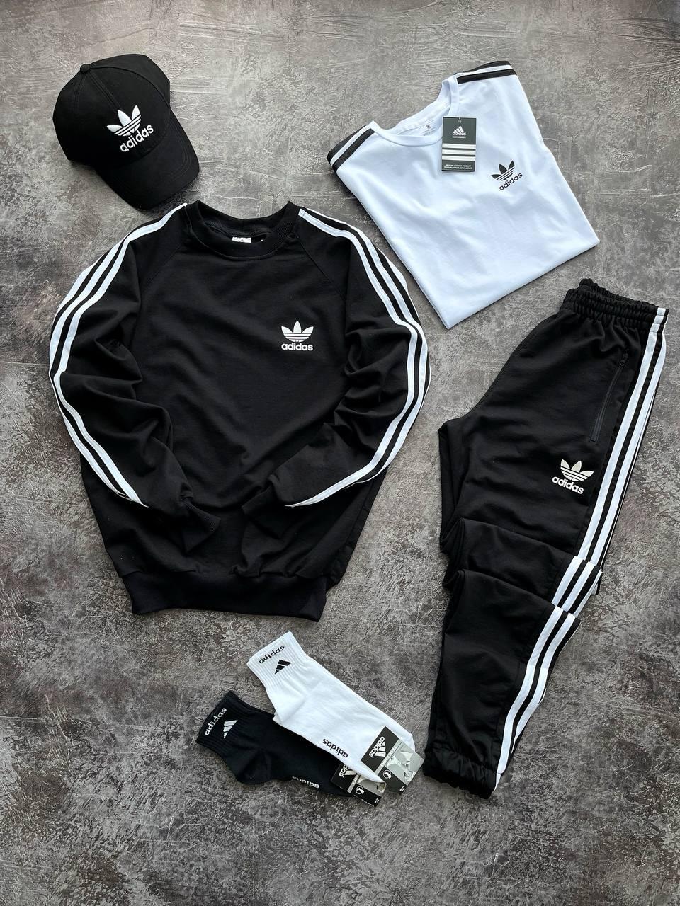 Чоловічий костюм Adidas 4в1 Світшот + Штани + Футболка + Кепка + Шкарпетки чорний з білим Адідас весняний