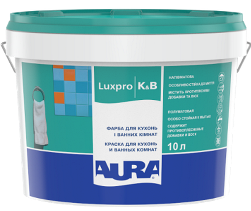 Aura Luxpro K&B, вологостійка фарба для кухонь та ванних кімнат, напівматова, 10л, фото 1