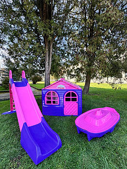 Набір дитячий ТМ Doloni Будиночок XL, пісочниця, гірка велика 243 см, рожево-фіолетовий
