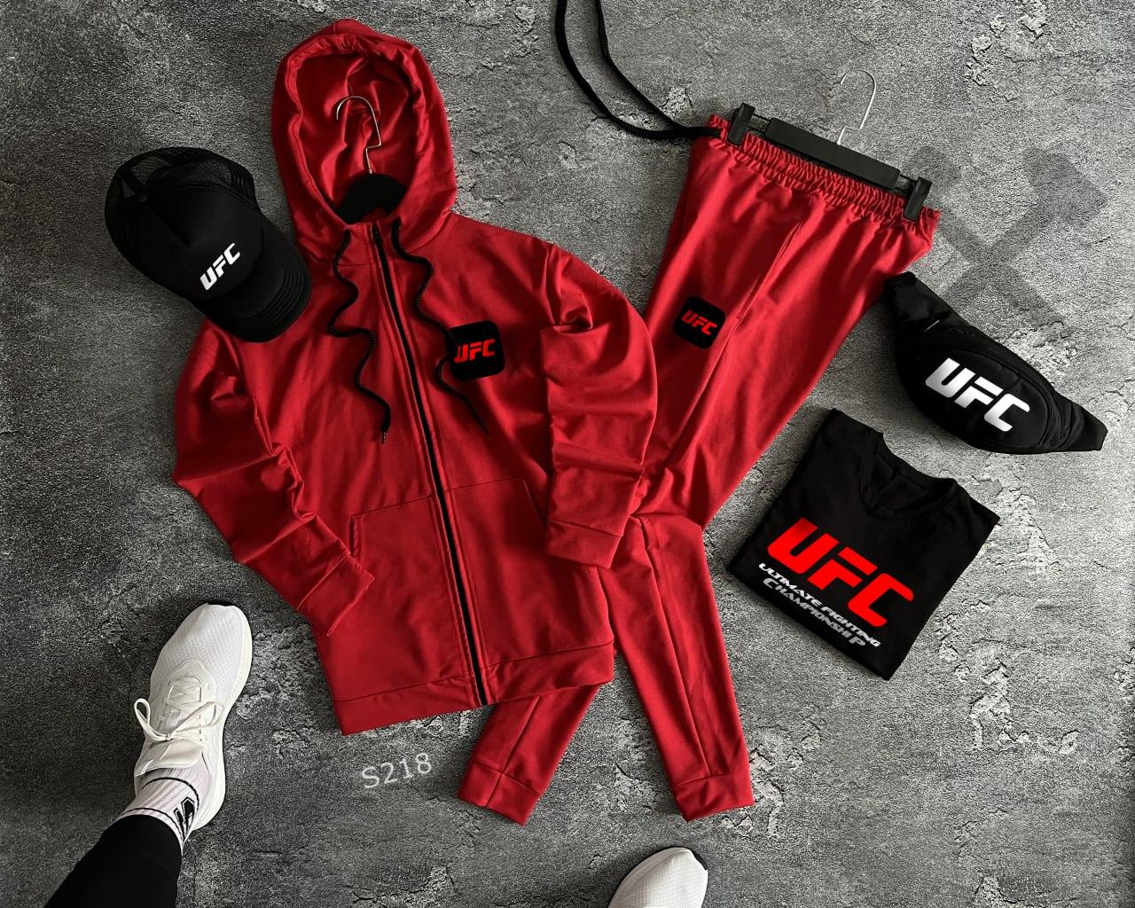 Чоловічий спортивний костюм UFC червоний весняний осінній Комплект ЮФС Костюм + Кепка + Футболка + Бананка