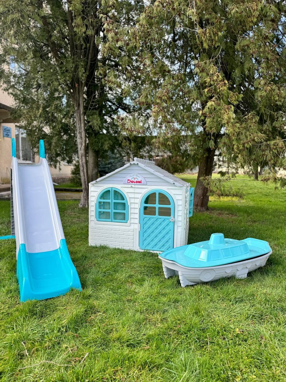 Набір дитячий ТМ Doloni Будиночок XL, пісочниця, гірка велика 243 см, сіро-блакитний, фото 1