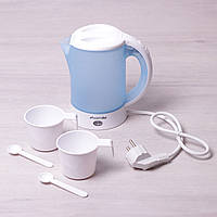 Чайник маленький электрический 0.6л Kamille пластиковый чашками, ложками Электро чайник туристический Голубой
