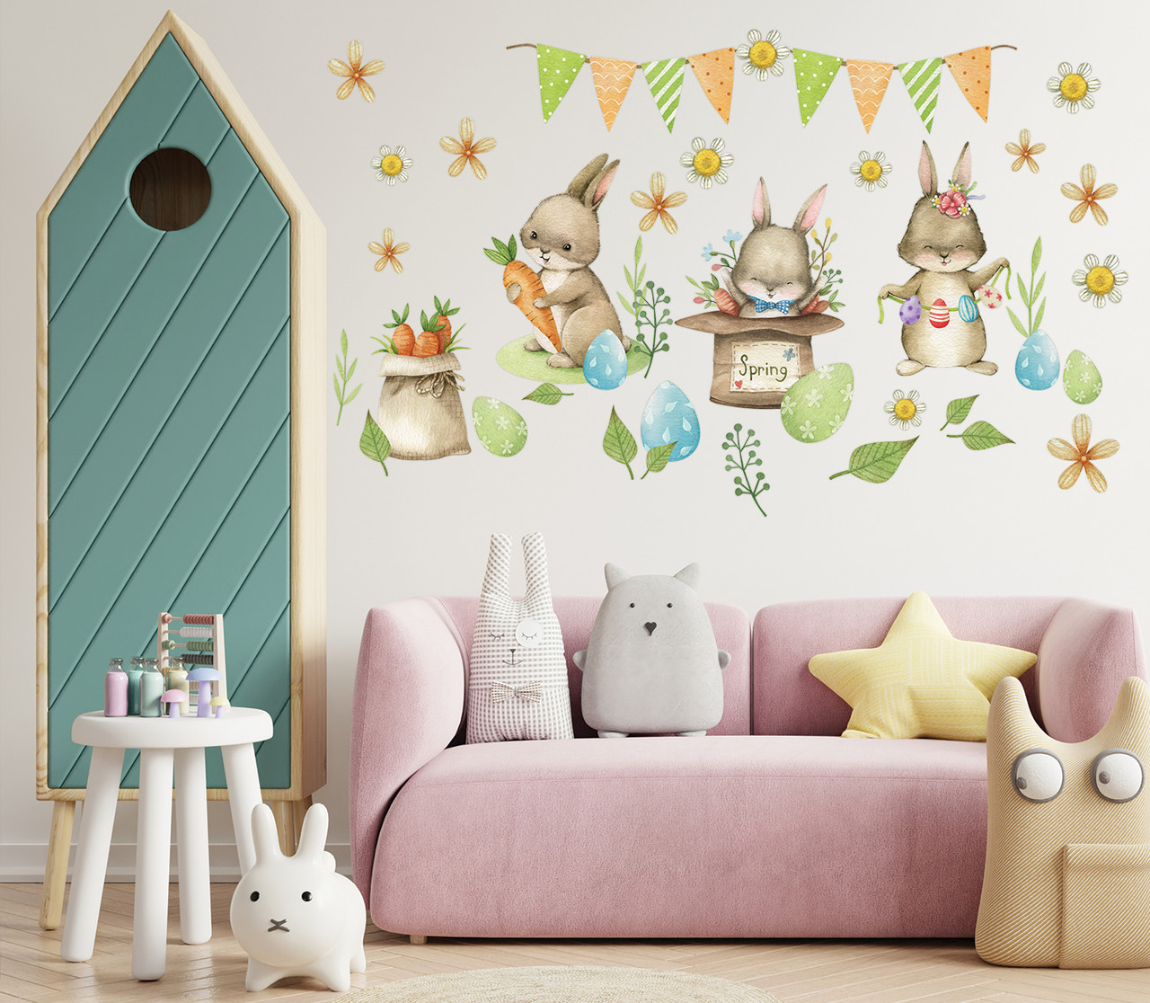 Наклейка на стіну вінілова Великодній набір Зайки розмір листа набору М 1100х500мм Zatarga