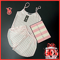 Комплект майка шорты шелковый Victoria Secret Пижама Виктория Сикрет, Satin Short PJ Set, сатиновый комплект V
