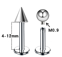 Штанга в губу, лабрет для пирсинга, серьга , 8 мм. Серебристый с шипом или шариком