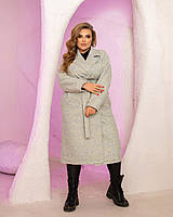Тепле осіннє пальто жіноче букле на підкладці з поясом норма й напівбатал