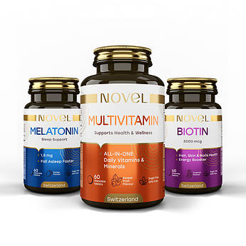 Набір вітамінів для оптимального стану здоров&apos;я з мультивітамінами, біотином 5000 та мелатоніном NOVEL 3шт